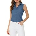 thumbnail image 1 of MODA NOVA Denim Button Down Shirt for Juniors Sleeveless Lapel V Neck Chambray Tunic Top Blue S, 1 of 6