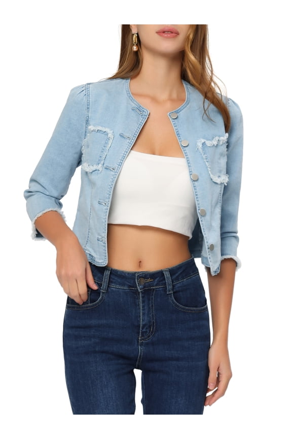 Denim Crop Jacket for Juniors’s Round Neck 3/4 Sleeves Frayed Casual Jean Jacket Light Blue M