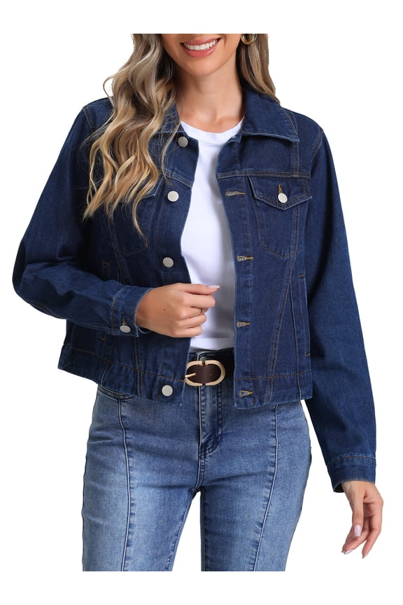 Denim Jacket for Juniors Vintage Casual Collar Long Sleeve Button Down Jean Denim Jacket L Deep Blue
