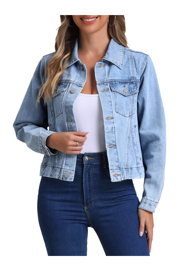 Denim Jacket for Juniors Vintage Casual Collar Long Sleeve Button Down Jean Denim Jacket M Light Blue
