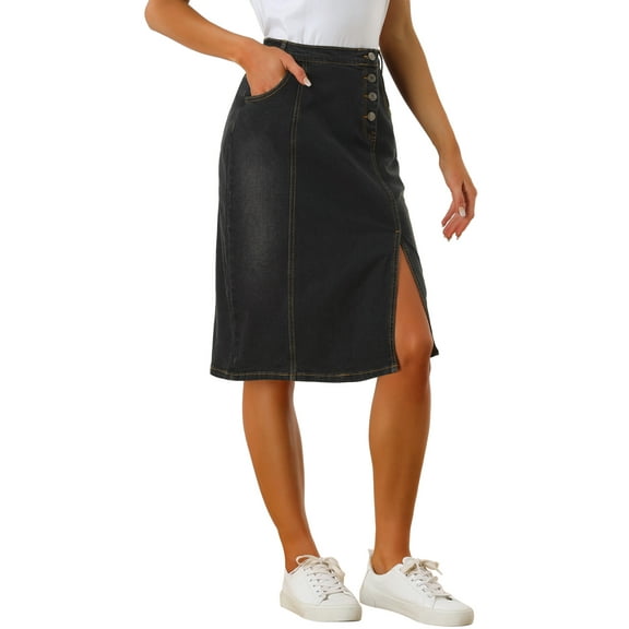 MODA NOVA Denim Skirt for Juniors Button Decor Side Slit Slash Pocket Midi Skirt