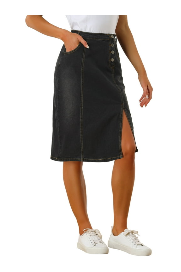 Denim Skirt for Juniors Button Decor Side Slit Slash Pocket Midi Skirt