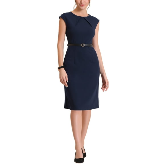MODA NOVA Elegant Wear-to-Work Dress for Juniors Round Neck Cap Sleeve Belted  Sheath Midi Dresses