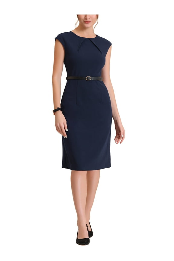 Elegant Wear-to-Work Dress for Juniors Round Neck Cap Sleeve Belted Sheath Midi Dresses