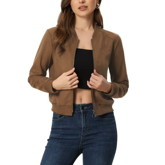 MODA NOVA Faux Suede Cropped Coat for Juniors Stand Collar Zip Up Biker Moto Bomber Jackets Brown XS