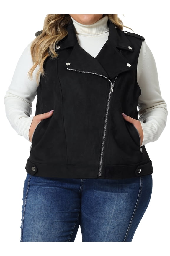 Faux Suede Vests for Juniors Plus Size Winter Lapel Zipper Utility Motorcycle Suede Jacket Vest Black 2X