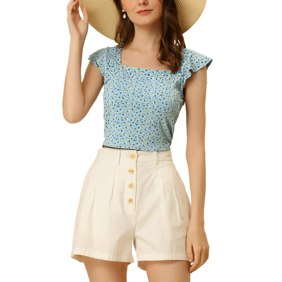 MODA NOVA Floral Crop Tops for Juniors Cap Sleeve Square Neck Knit Blouse