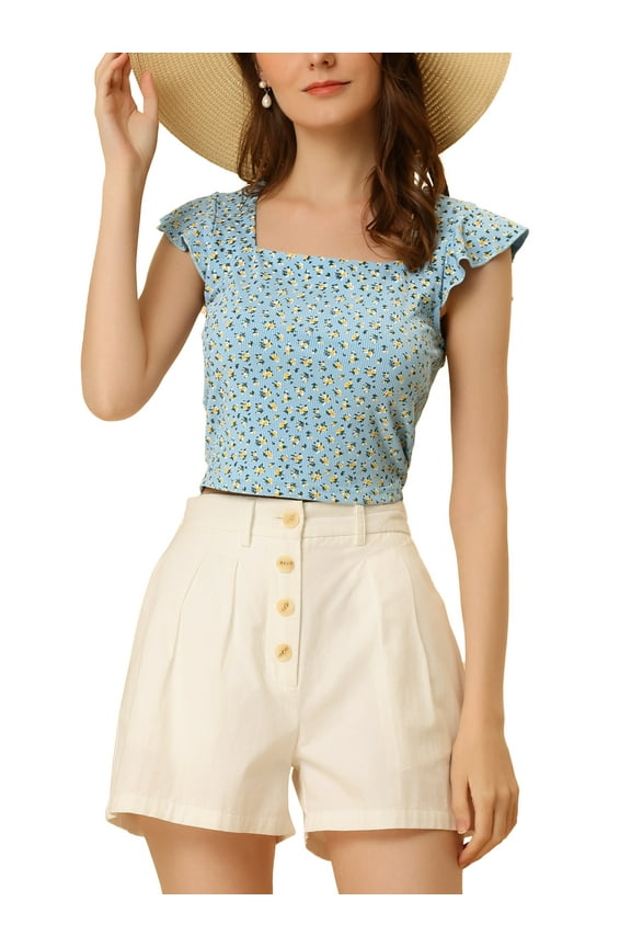 Floral Crop Tops for Juniors Cap Sleeve Square Neck Knit Blouse