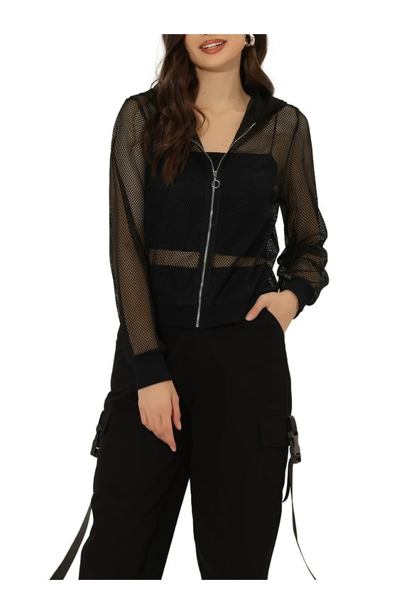 Hoodie Jacket for Juniors' Zip Down Long Sleeve Mesh Sheer Bomber Jacket