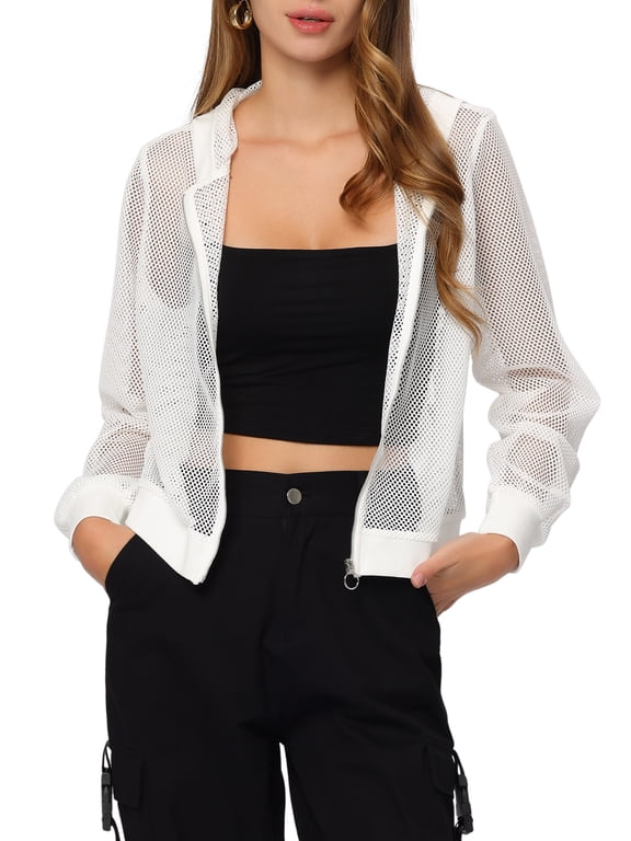 Hoodie Jacket for Juniors' Zip Down Long Sleeve Mesh Sheer Bomber Jacket
