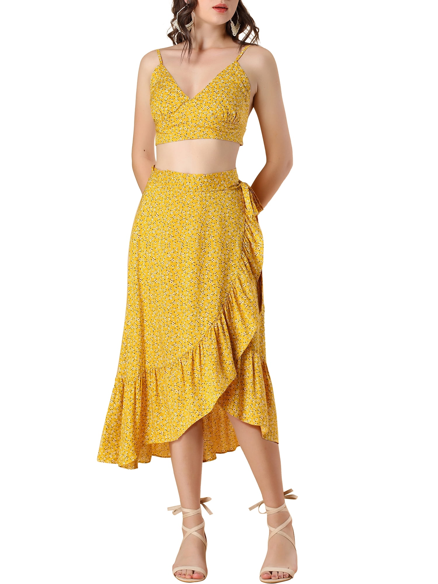 MODA NOVA Junior s 2 Piece Outfit Spaghetti Strap Crop Top Floral Ruffle Wrap Midi Skirt Set