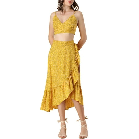 MODA NOVA Junior's 2 Piece Outfit Spaghetti Strap Crop Top & Floral Ruffle Wrap Midi Skirt Set