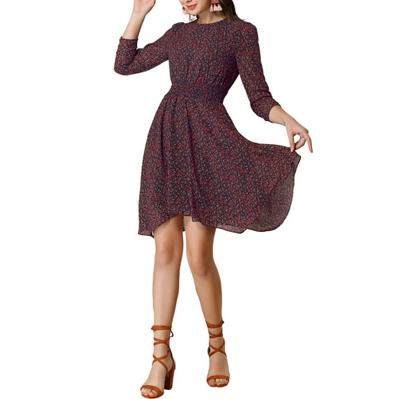 MODA NOVA Junior's 3/4 Sleeve Asymmetrical Hem Smocked Waist Floral Dress