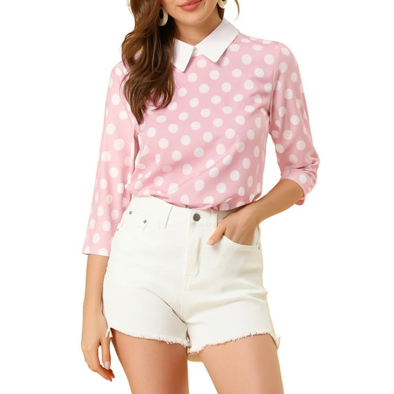 MODA NOVA Junior's 3/4 Sleeves Contrast Collar Blouse Tops Pink White XL
