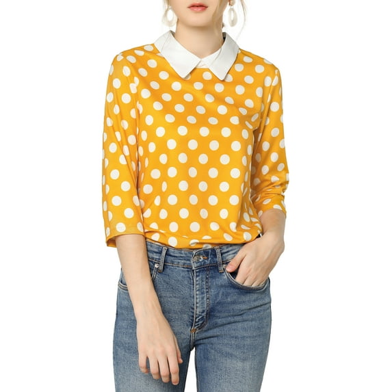 MODA NOVA Junior's 3/4 Sleeves Contrast Collar Blouse Tops Yellow M