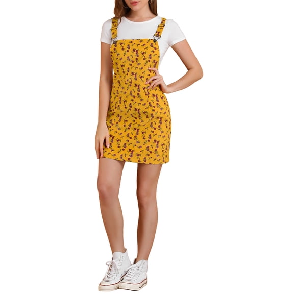 MODA NOVA Junior's Adjustable Strap Pinafore Floral Bib Overalls Dress Yellow S