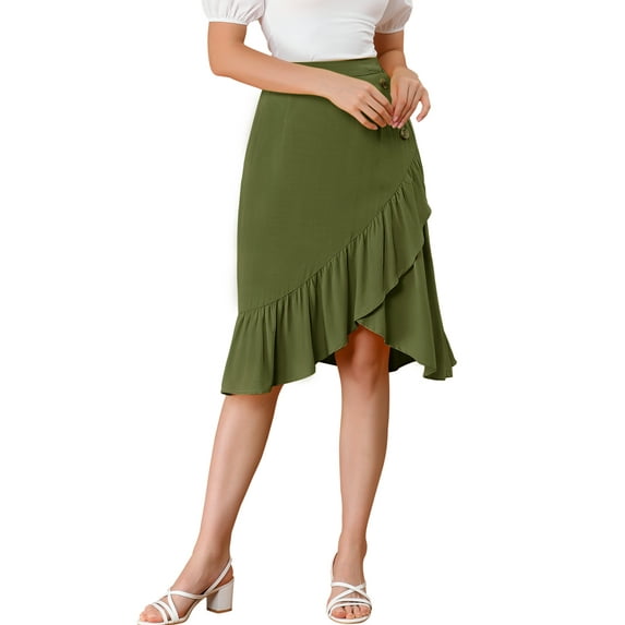 MODA NOVA Junior's Asymmetrical Ruffle Hem Elastic Waist Midi Skirt Green 0
