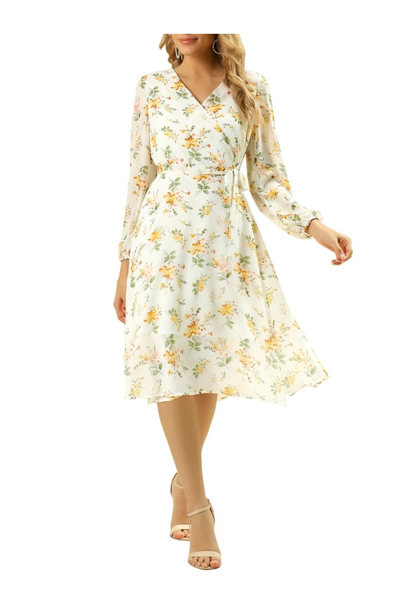 Junior's Boho Floral V Neck Long Sleeve Beach Wrap Dress