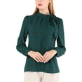 thumbnail image 1 of MODA NOVA Junior's Bow-Tie Neck Checks Printed Long Sleeves Blouse Blue Green L, 1 of 5