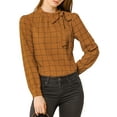 thumbnail image 1 of MODA NOVA Junior's Bow-Tie Neck Checks Printed Long Sleeves Blouse Brown S, 1 of 5