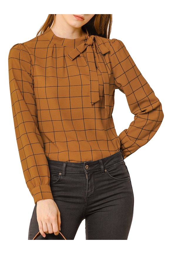 Junior's Bow-Tie Neck Checks Printed Long Sleeves Blouse Brown S