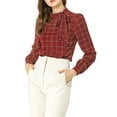 thumbnail image 1 of MODA NOVA Junior's Bow-Tie Neck Checks Printed Long Sleeves Blouse Red XL, 1 of 5
