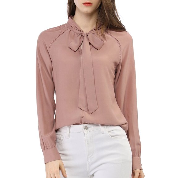 MODA NOVA Junior's Bow Tie Neck Long Sleeve Casual Button Decor Shirt