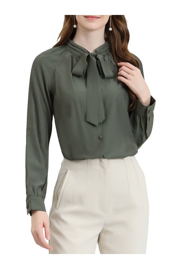 Junior's Bow Tie Neck Long Sleeve Casual Button Decor Shirt