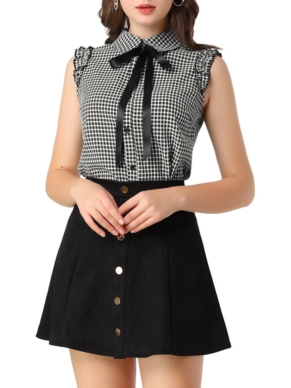 Junior's Bow Tie Neck Ruffle Sleeveless Gingham Office Shirt Blouse