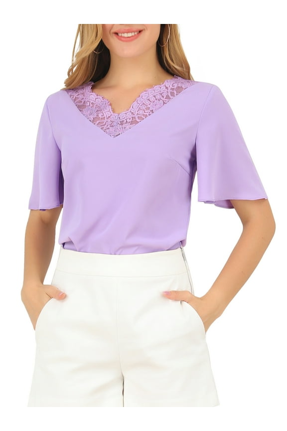 Junior's Butterfly Sleeves Casual Lace Neck Blouse Lavender L