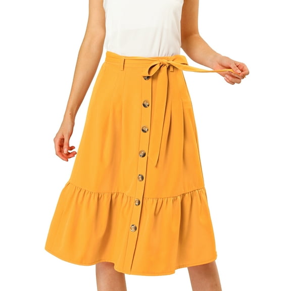 MODA NOVA Junior's Button Decor Belted High Waist Ruffle A-Line Skirt Yellow L