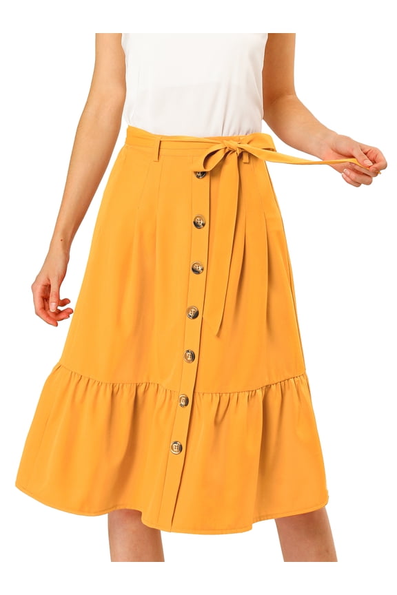 Junior's Button Decor Belted High Waist Ruffle A-Line Skirt Yellow L