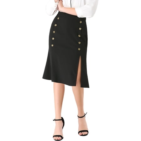 MODA NOVA Junior's Button Decor Elastic Waist Slit Hem A-Line Skirt Black L