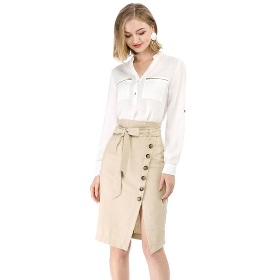 MODA NOVA Junior's Button Decor Split Belted Vintage Knee Pencil Skirt Beige 9