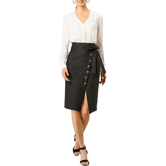 MODA NOVA Junior's Button Decor Split Belted Vintage Knee Pencil Skirt Black 11