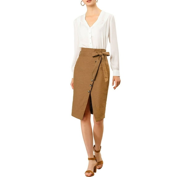 MODA NOVA Junior's Button Decor Split Belted Vintage Knee Pencil Skirt Brown 9