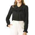 thumbnail image 1 of MODA NOVA Junior's Button Down Long Sleeve Ruffle Detail Blouse Shirt Black S, 1 of 5