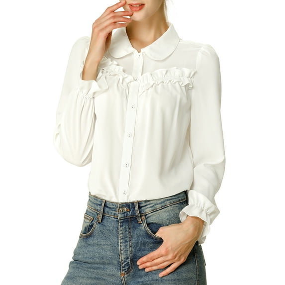 MODA NOVA Junior's Button Down Long Sleeve Ruffle Detail Blouse Shirt White XXL