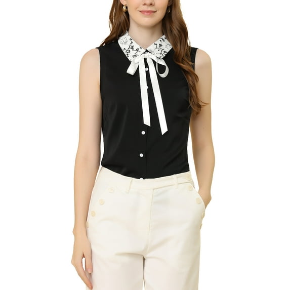 MODA NOVA Junior's Button Down Shirts Office Bow Tie Turndown Collar Sleeveless Shirt Black XL
