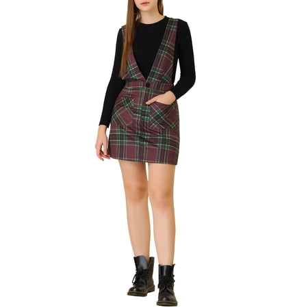 MODA NOVA Junior's Button Front V Neck Mini Plaid Tweed Bib Overall Pinafore Dress
