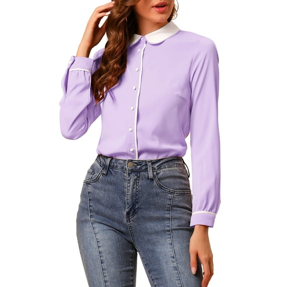MODA NOVA Junior's Button Up Shirt Long Sleeve Buttons Cuff Top Blouse Light Purple XL