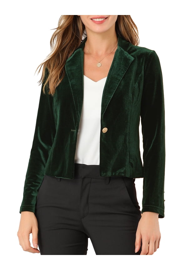 Junior's Button Velvet Blazer Lapel Business Office Suit Jacket Green 2XL