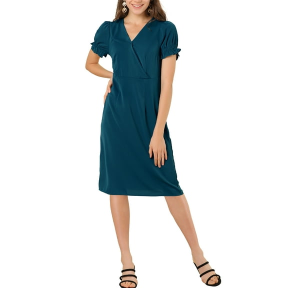 MODA NOVA Junior's Casual A-Line Short Puff Sleeves Summer V Neck Midi Dress