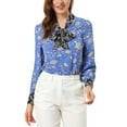 thumbnail image 1 of MODA NOVA Junior's Casual Boho Floral Printed V Neck Pussy Bow Blouse Dark Blue M, 1 of 6