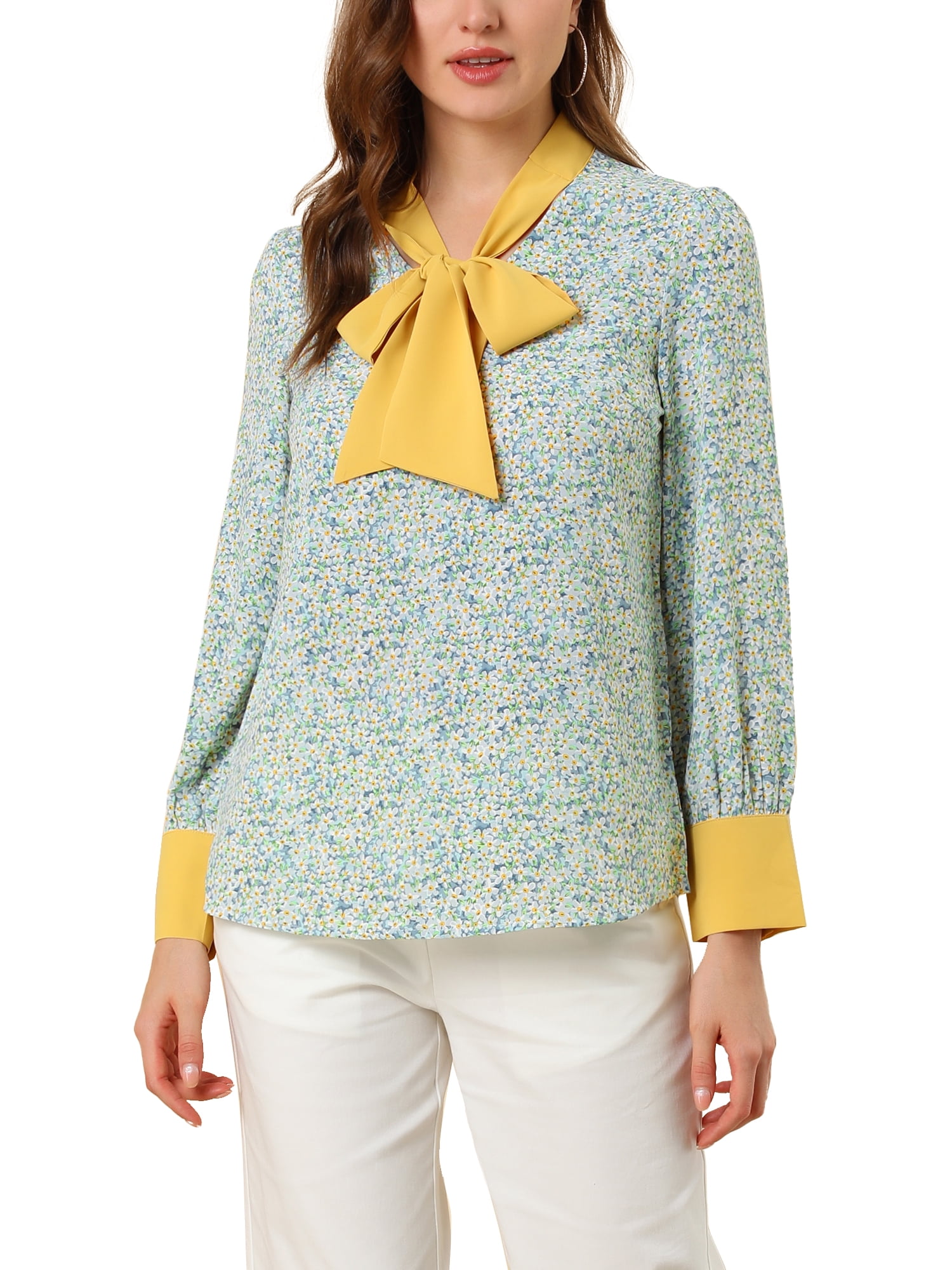 yellow pussybow blouse