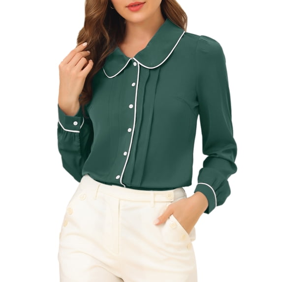 MODA NOVA Junior's Casual Peter Pan Collar Puff Sleeve Blouse Shirt Dark Green L