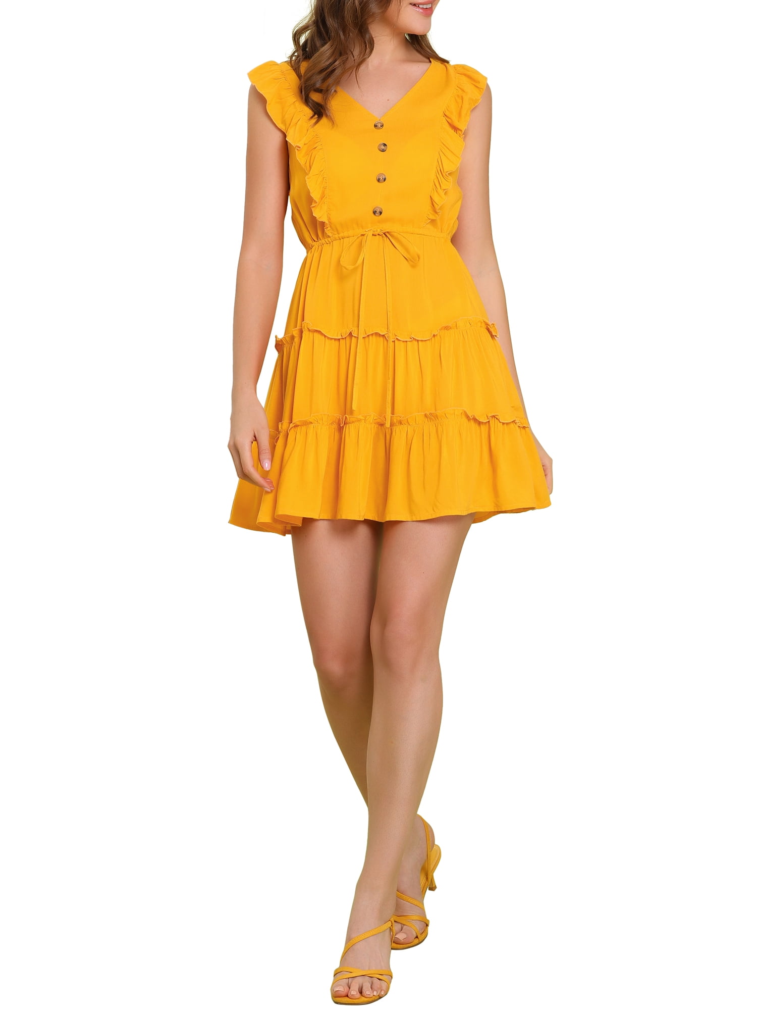 Moda Nova Junior's Casual V Neck Ruffle Trim Sleeve Flare Tiered Dress
