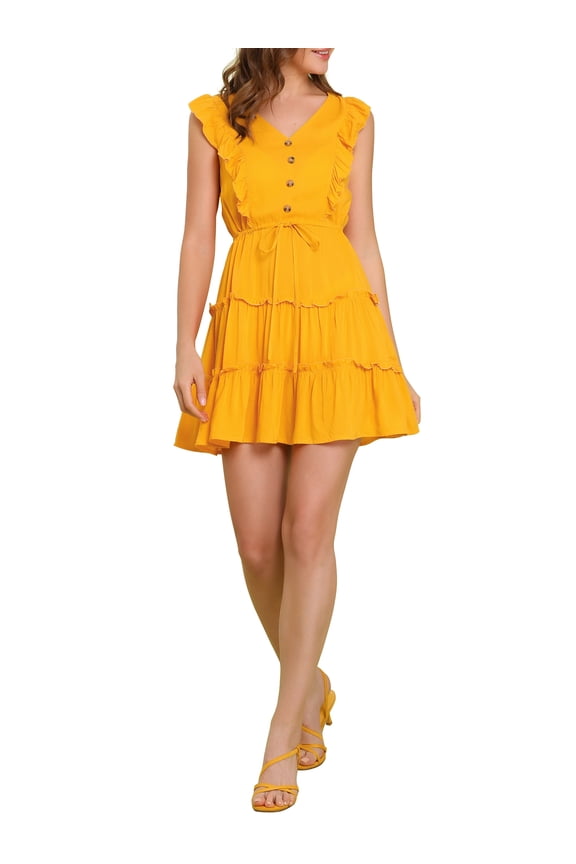 Junior's Casual V Neck Ruffle Trim Sleeve Flare Tiered Dress