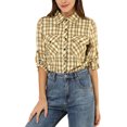 thumbnail image 1 of MODA NOVA Junior's Check Roll Up Sleeves Flap Pockets Brushed Shirt Brown XL, 1 of 6