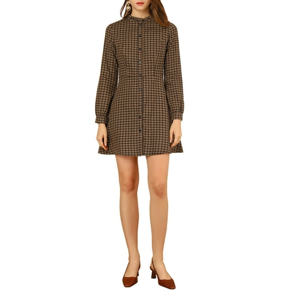 MODA NOVA Junior's Check Ruffle Neck Long Sleeve Button A-Line Dress XL Brown
